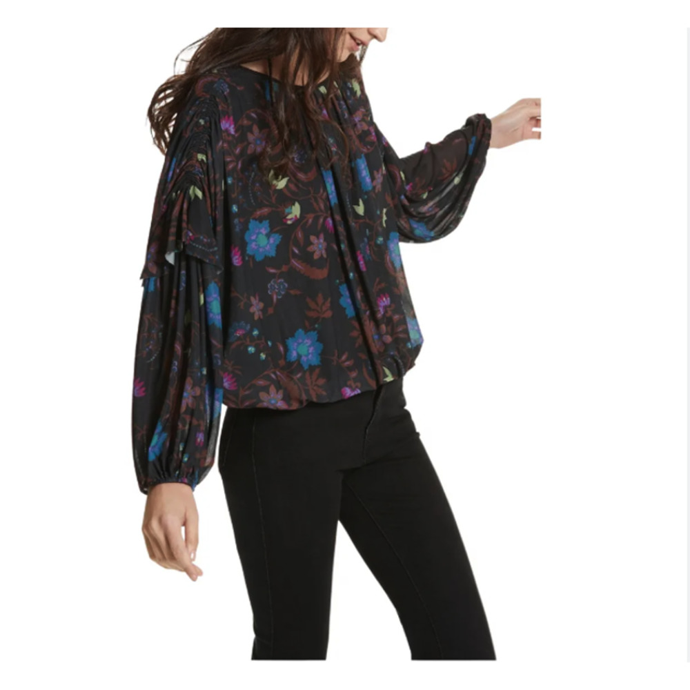 Free People Wildflower Mesh Ruffle Blouse Floral Paisley Black Pink Boho